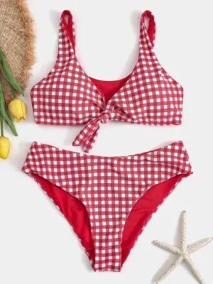 Wholesale Red V-Neck Sleeveless Grid High Waist Two Piece Bikinis
