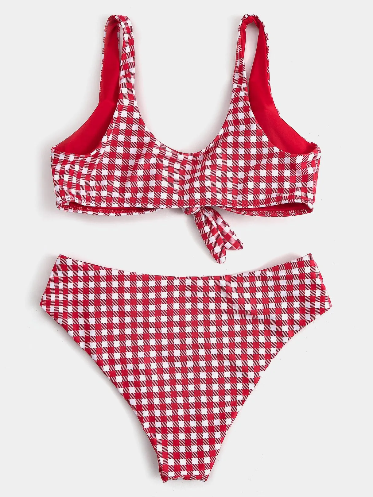 Wholesale Red V-Neck Sleeveless Grid High Waist Two Piece Bikinis