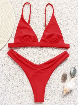 Wholesale Red V-Neck Sleeveless Plain Two Piece Bikini