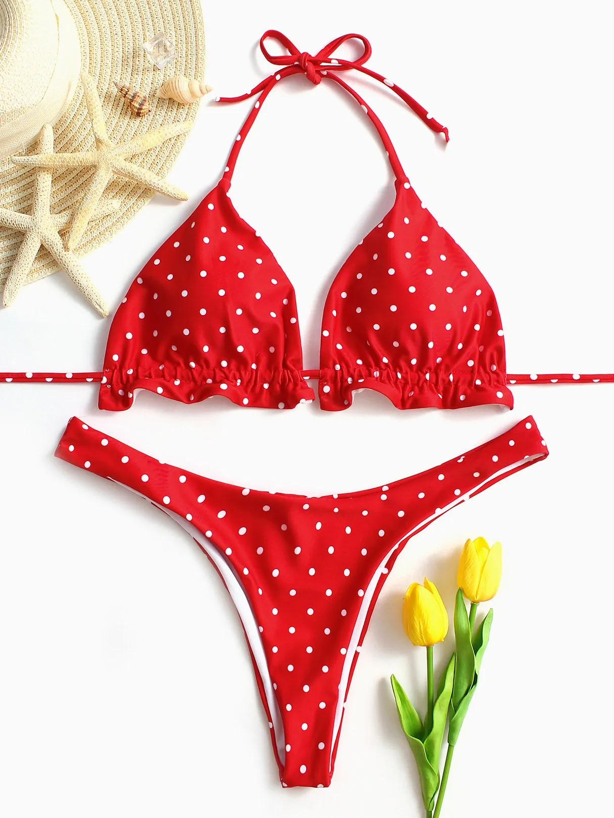 Wholesale Red V-Neck Sleeveless Polka Dot Tie-Up Bikini Set