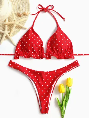 Wholesale Red V-Neck Sleeveless Polka Dot Tie-Up Bikini Set