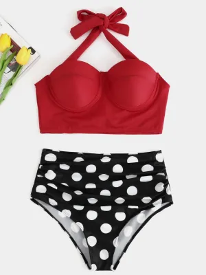 Wholesale Red V-Neck Sleeveless Polka Dot Tie-Up High Waist 2 Piece Bikinis