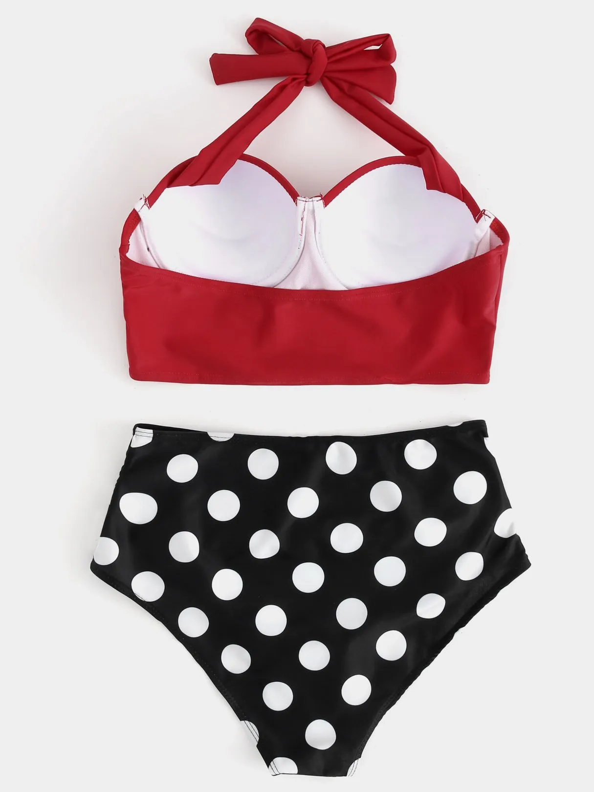 Wholesale Red V-Neck Sleeveless Polka Dot Tie-Up High Waist 2 Piece Bikinis
