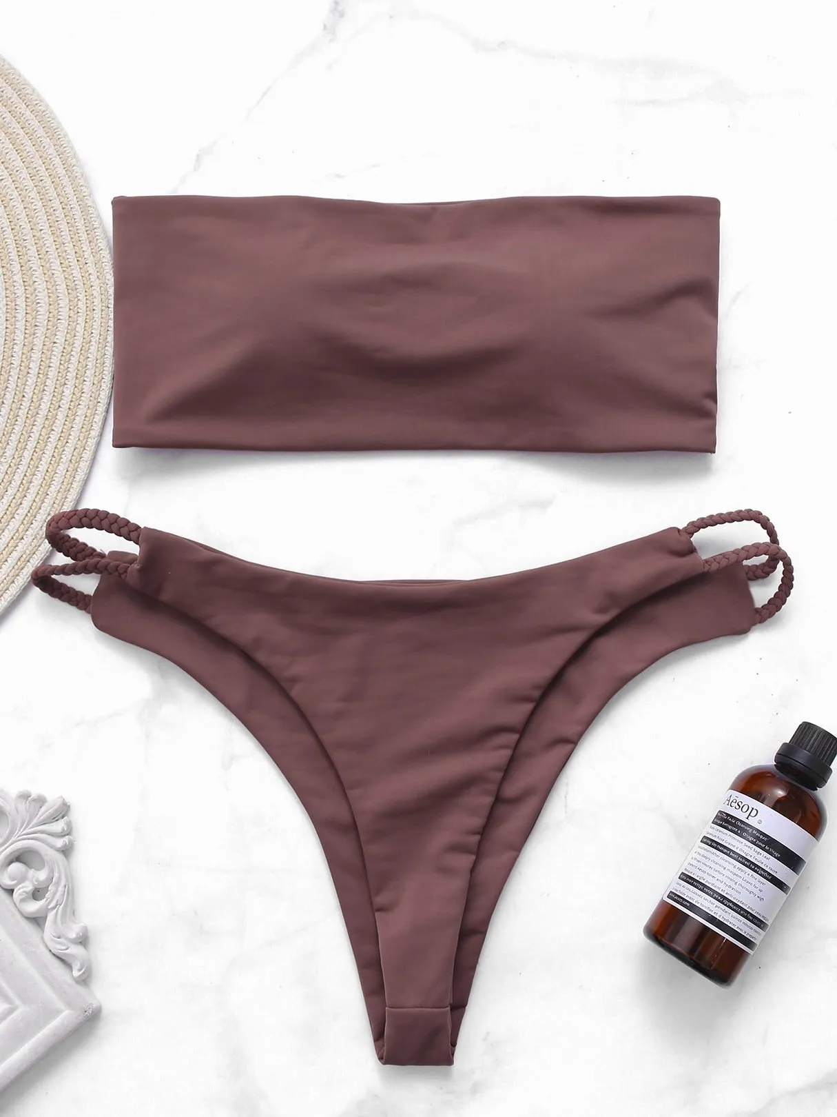 Wholesale Rose Off The Shoulder Sleeveless Plain Lace-Up Bikinis