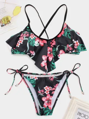 Wholesale Round Neck Floral Print Criss-Cross Tie-Up Bikinis