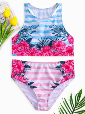 Wholesale Round Neck Star Floral Print Sleeveless High Waist 2 Piece Bikinis
