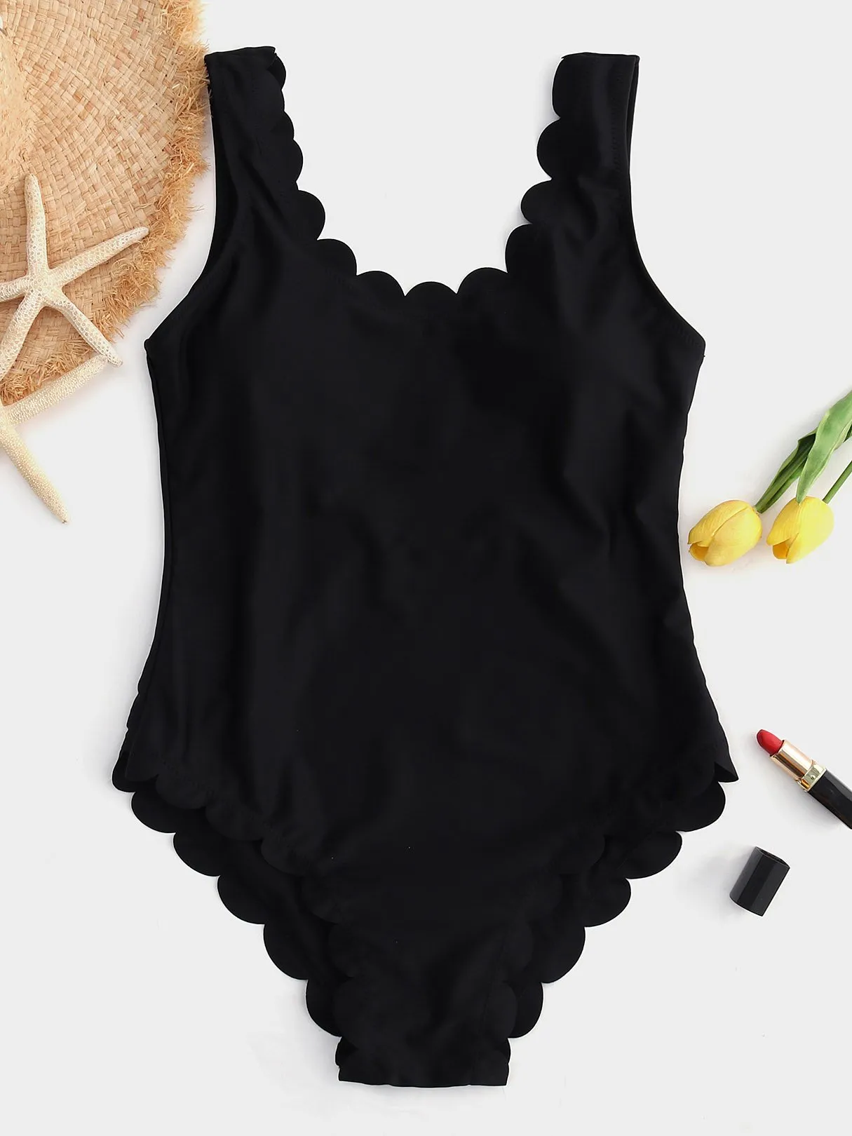 Wholesale Scoop Neck Sleeveless Tie-Up Ruffle Hem Swimsuit