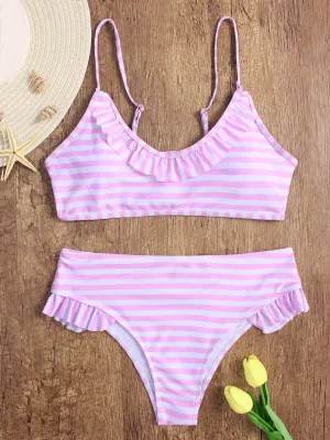 Wholesale Scoop Neck Stripe Sleeveless Pink Bikinis