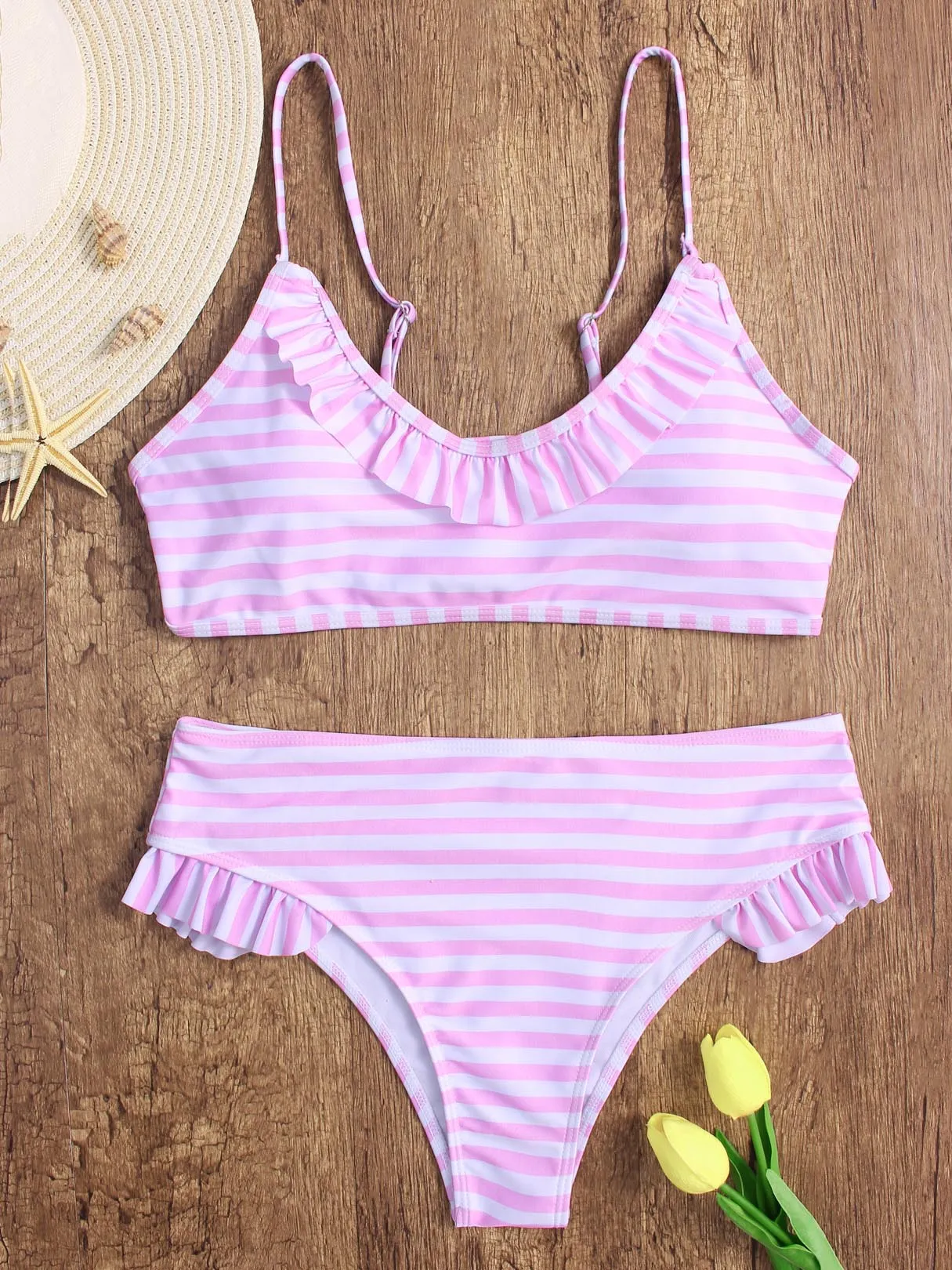 Wholesale Scoop Neck Stripe Sleeveless Pink Bikinis