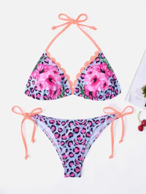 Wholesale Sky Blue Halter Sleeveless Leopard Floral Print Lace-Up Two Piece Bikinis