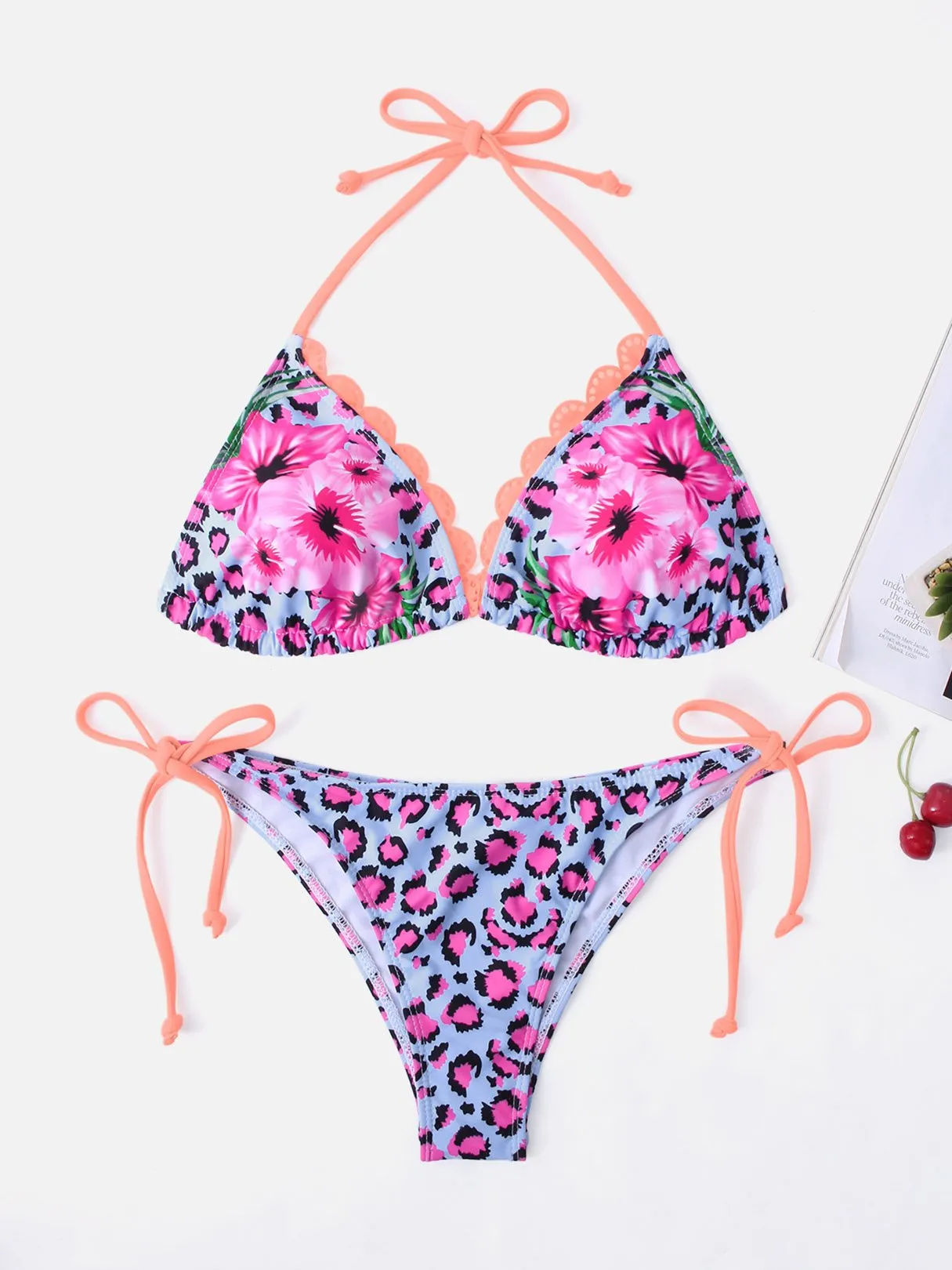 Wholesale Sky Blue Halter Sleeveless Leopard Floral Print Lace-Up Two Piece Bikinis