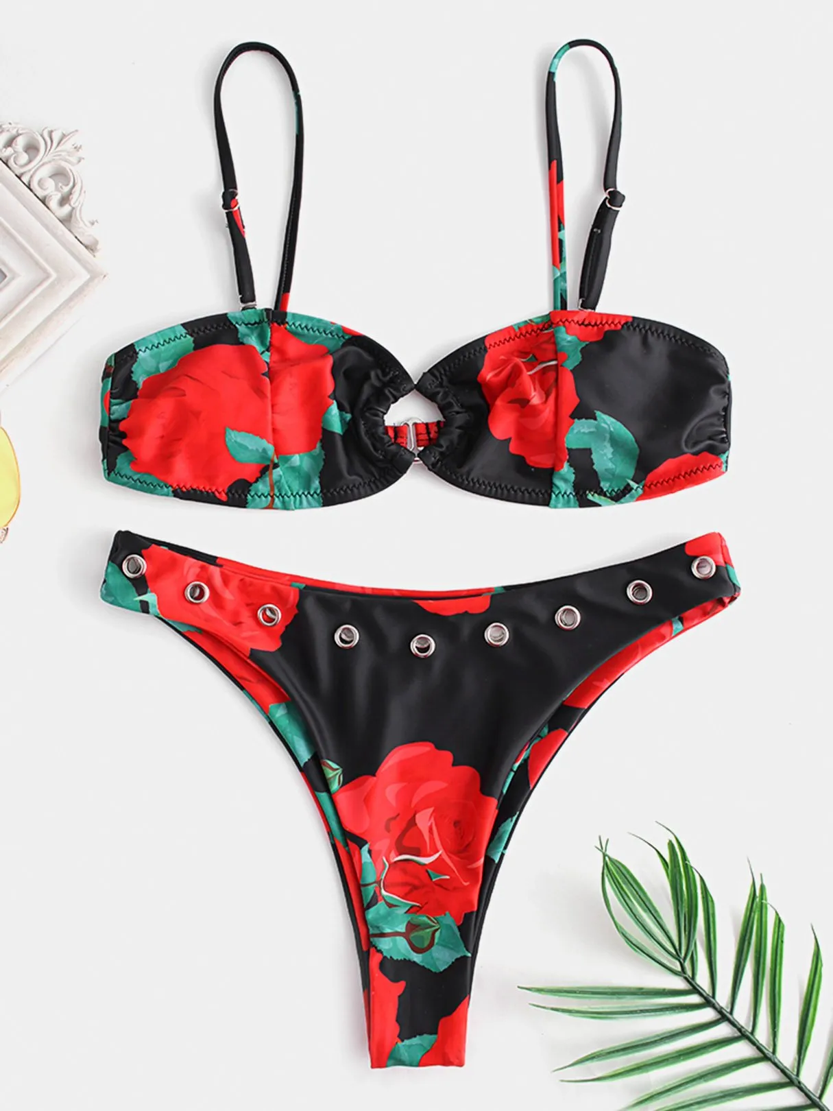 Wholesale Sleeveless Floral Print Backless Metallic Buckle High-Waisted Bikini Set Swimwear