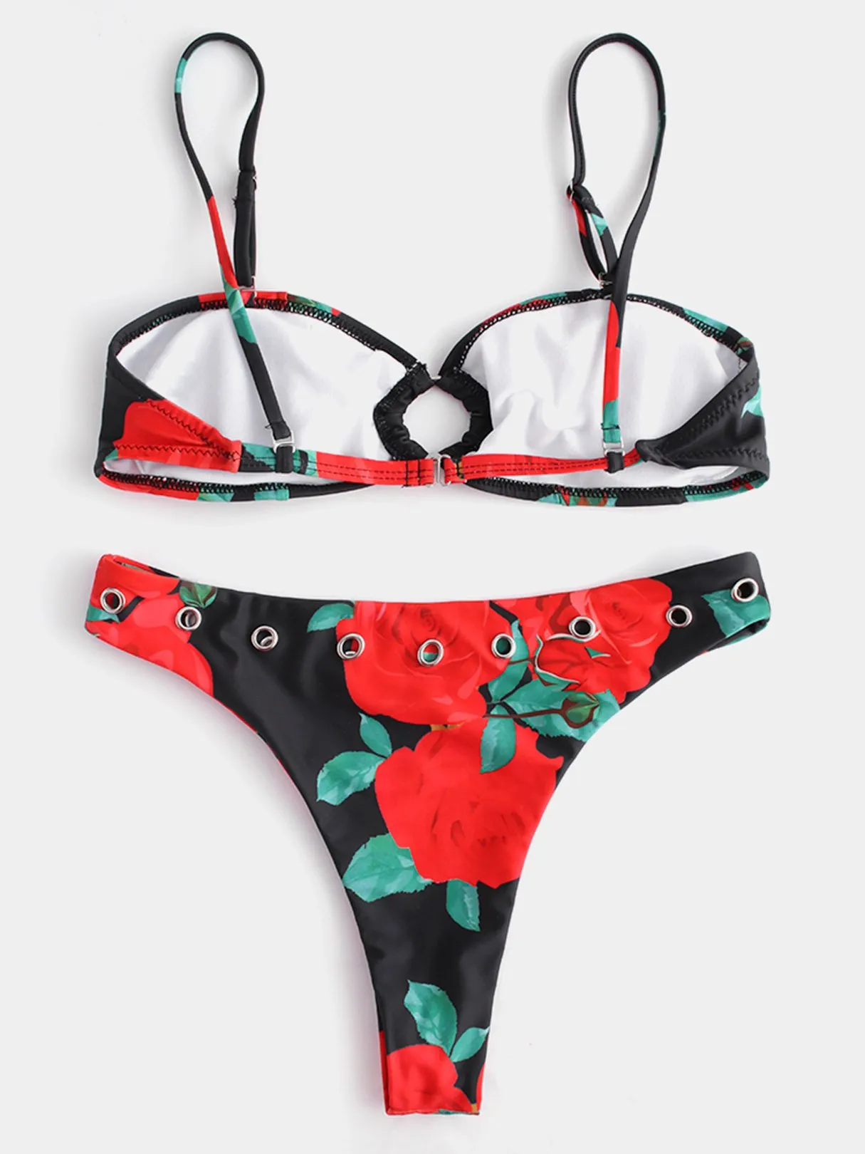 Wholesale Sleeveless Floral Print Backless Metallic Buckle High-Waisted Bikini Set Swimwear