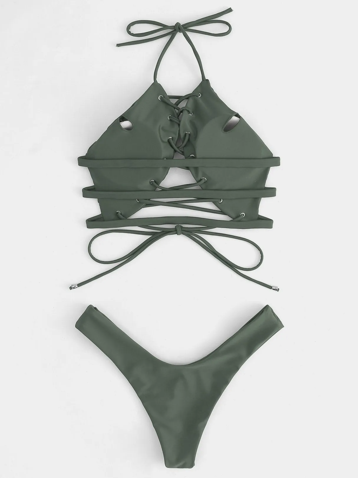 Wholesale Sleeveless High Cut Lace Up Halter Bikini Suits