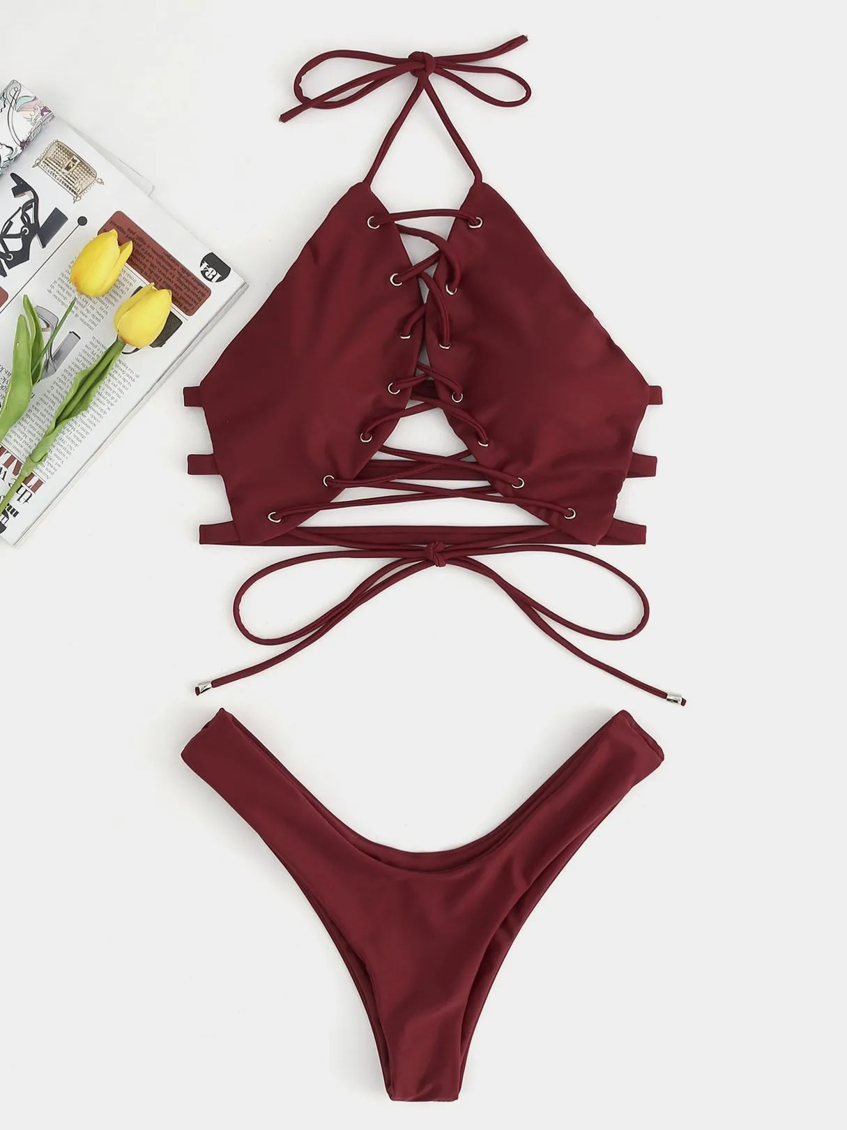 Wholesale Sleeveless High Cut Lace Up Halter Bikini Suits