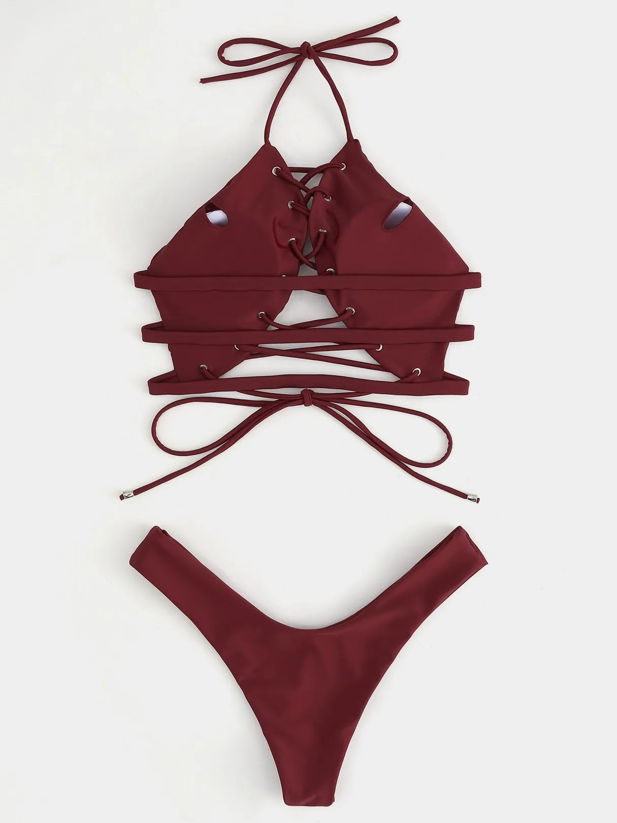 Wholesale Sleeveless High Cut Lace Up Halter Bikini Suits