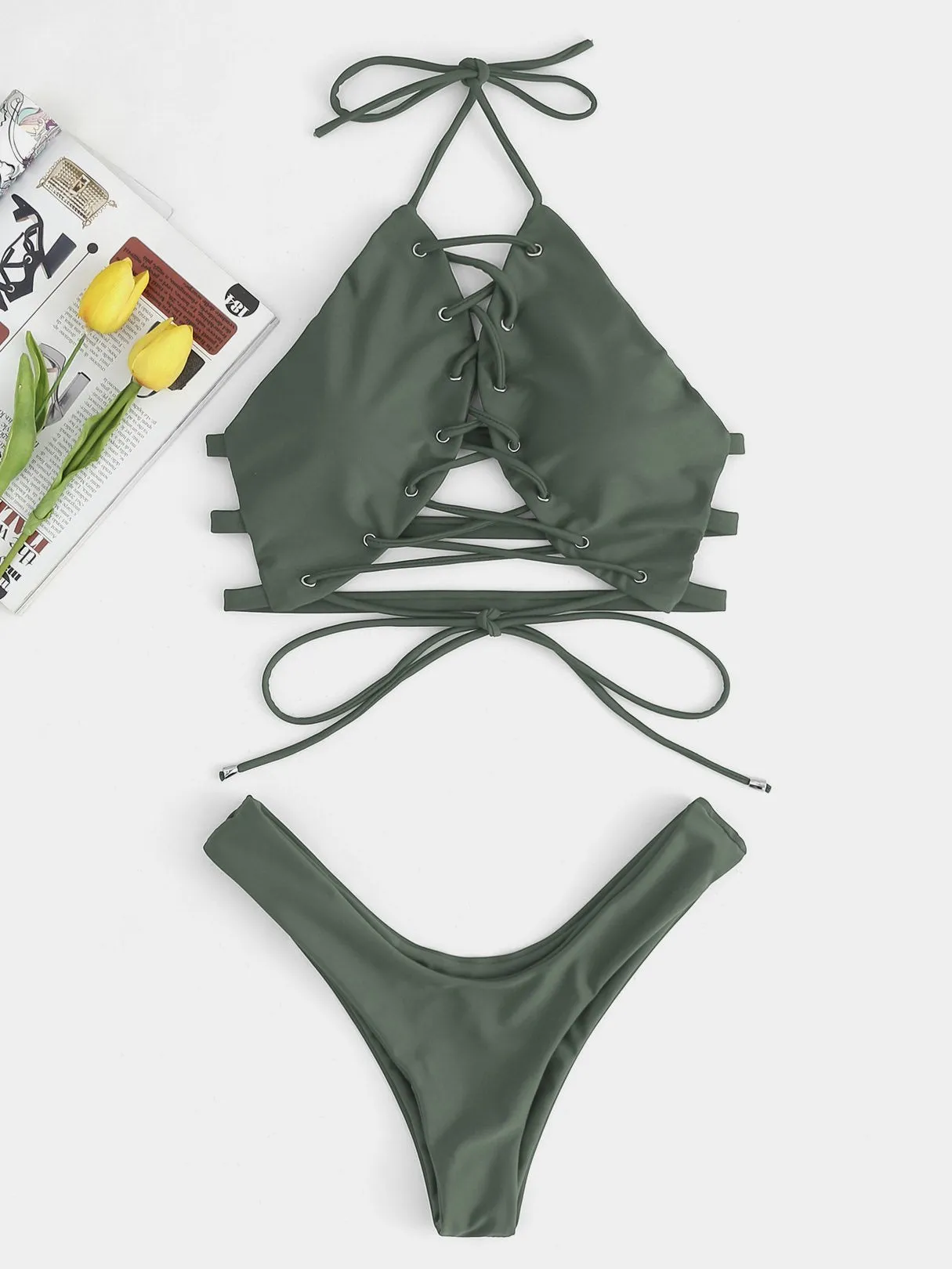 Wholesale Sleeveless High Cut Lace Up Halter Bikini Suits