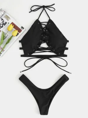 Wholesale Sleeveless High Cut Lace Up Halter Bikini Suits