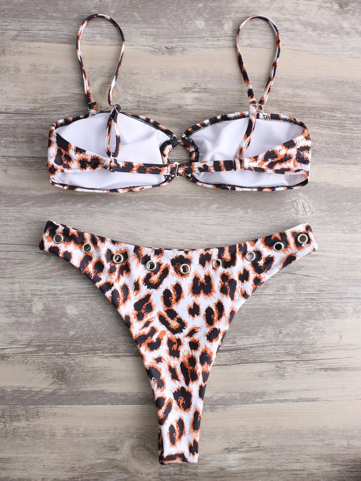 Wholesale Sleeveless Leopard Print Backless Metallic Buckle High-Waisted Two Piece Bikinis