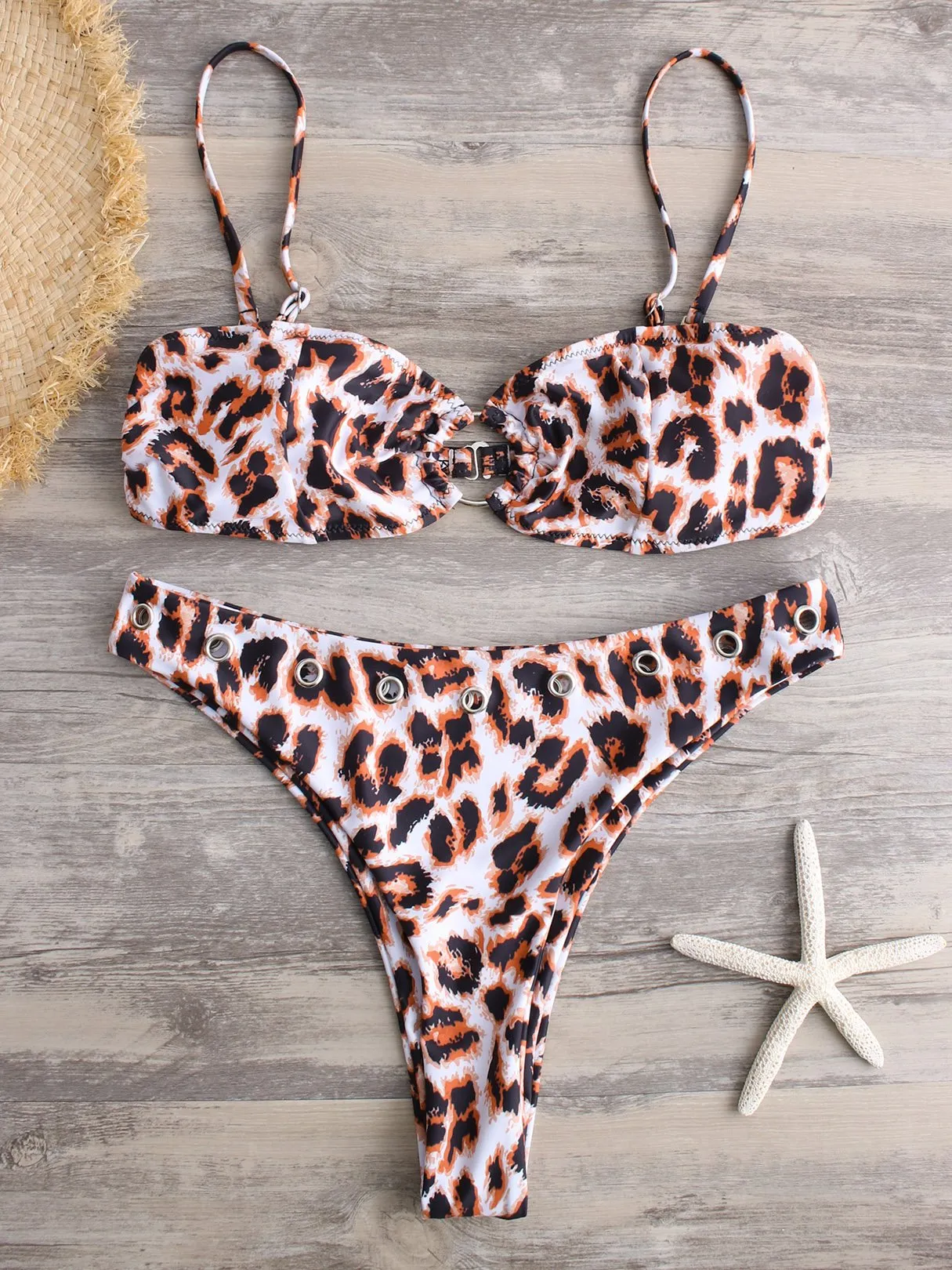 Wholesale Sleeveless Leopard Print Backless Metallic Buckle High-Waisted Two Piece Bikinis