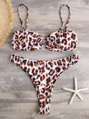 Wholesale Sleeveless Leopard Print Backless Metallic Buckle High-Waisted Two Piece Bikinis