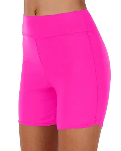 Wide Waistband Boyshorts Tummy Control Tankini Shorts-Neon Pink