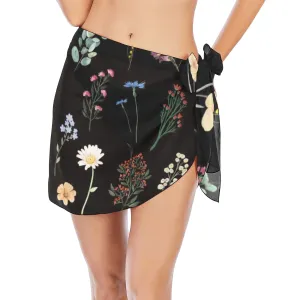 Wildflowers Black Short Chiffon Sarong Wrap up to 5 XL (FWS)