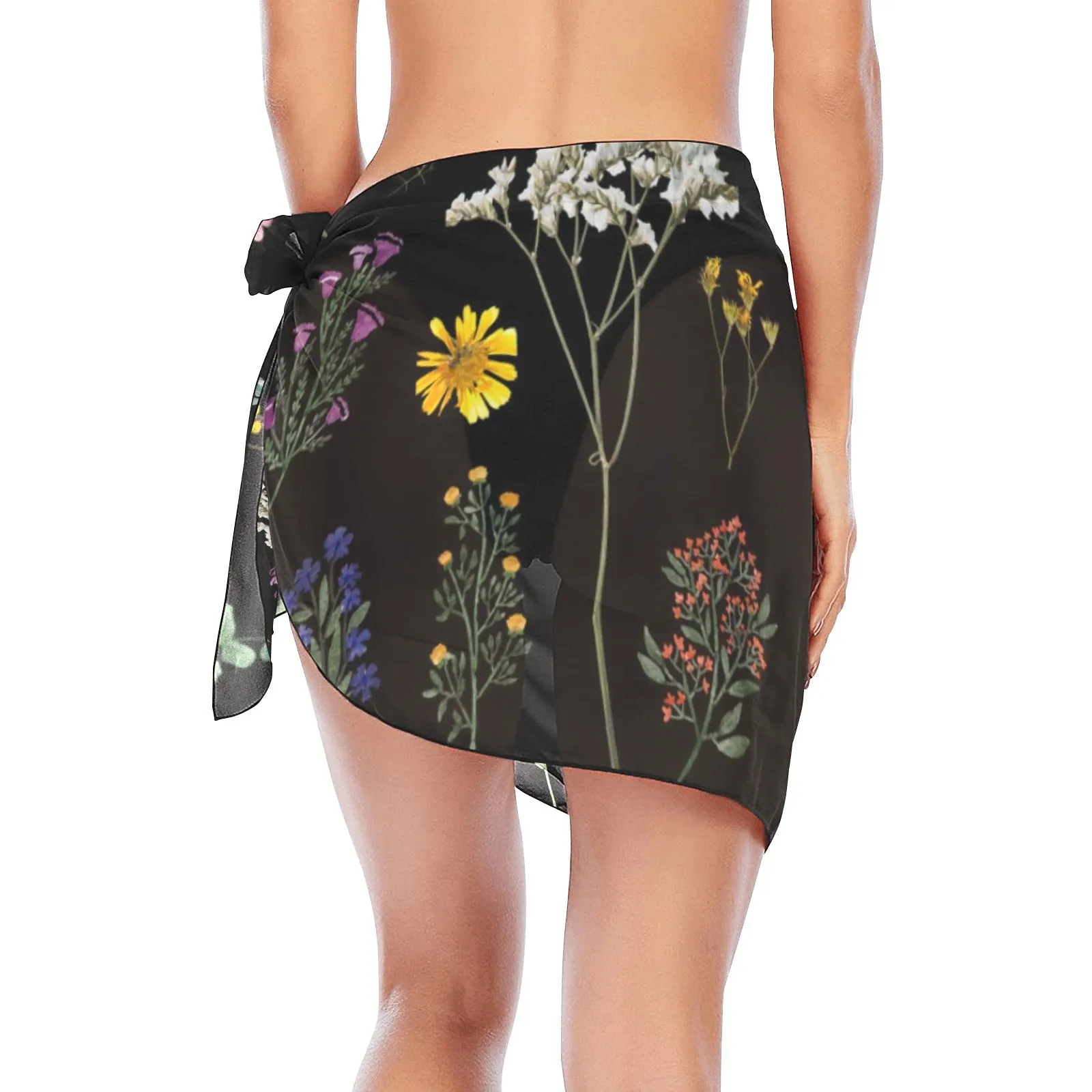 Wildflowers Black Short Chiffon Sarong Wrap up to 5 XL (FWS)
