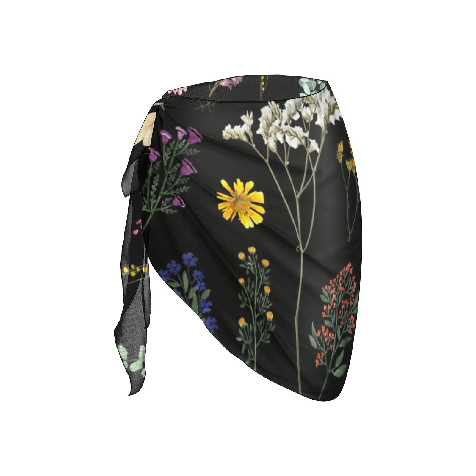 Wildflowers Black Short Chiffon Sarong Wrap up to 5 XL (FWS)