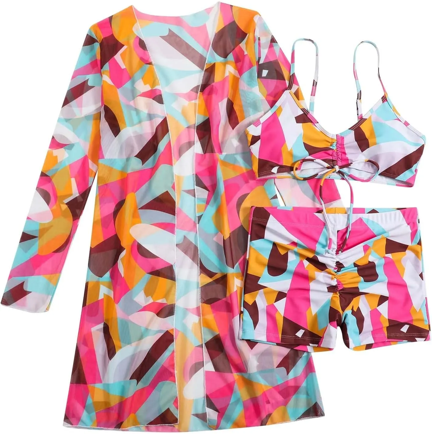Women Bathing Suit 3 Piece Swimsuit Drawstring Bikini Set Long Sleeve Beach Cover Up Boho Swimwear Set with Boy Shorts