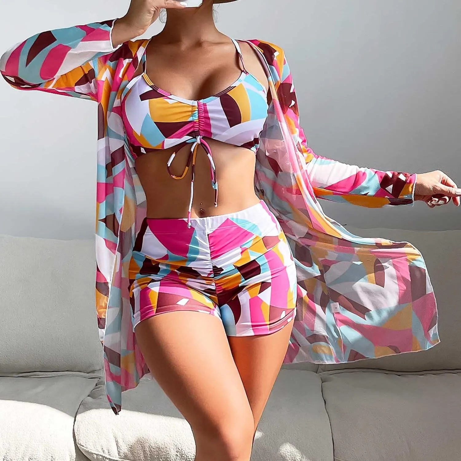 Women Bathing Suit 3 Piece Swimsuit Drawstring Bikini Set Long Sleeve Beach Cover Up Boho Swimwear Set with Boy Shorts