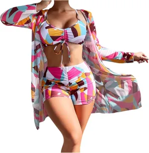 Women Bathing Suit 3 Piece Swimsuit Drawstring Bikini Set Long Sleeve Beach Cover Up Boho Swimwear Set with Boy Shorts
