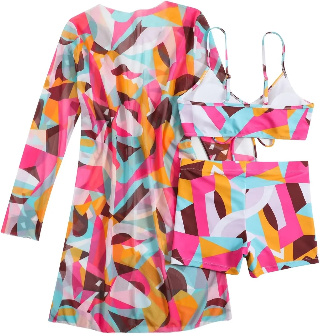 Women Bathing Suit 3 Piece Swimsuit Drawstring Bikini Set Long Sleeve Beach Cover Up Boho Swimwear Set with Boy Shorts