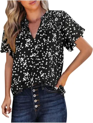 Women Casual V Neck Floral Print Smocked Short Sleeve Blouses Fashion Stand Collar Bohemian Tops Summer Vacation Shirts