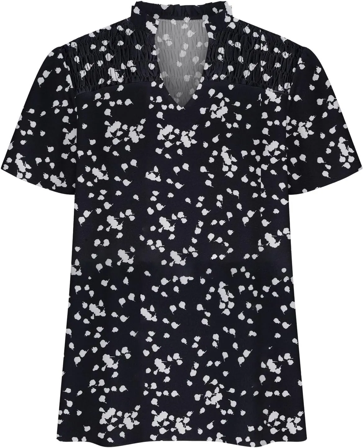 Women Casual V Neck Floral Print Smocked Short Sleeve Blouses Fashion Stand Collar Bohemian Tops Summer Vacation Shirts