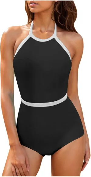 Women Color Block One Piece Swimsuit Tummy Control Swimwear Halter Neck Tie Backless Bathing Suit Sexy Swim Suits
