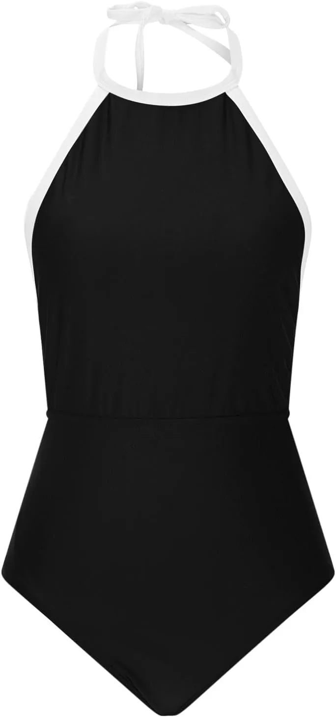 Women Color Block One Piece Swimsuit Tummy Control Swimwear Halter Neck Tie Backless Bathing Suit Sexy Swim Suits