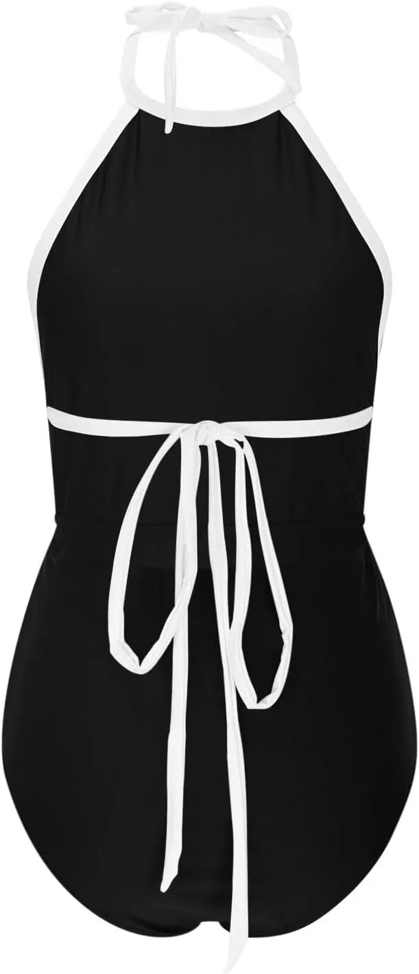Women Color Block One Piece Swimsuit Tummy Control Swimwear Halter Neck Tie Backless Bathing Suit Sexy Swim Suits