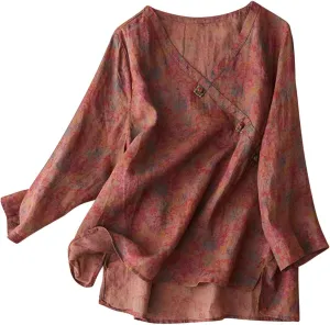 Women Cotton Linen Chinese Vintage Wrap V-Neck Tops Summer Long Sleeve Split Side Hem Casual Loose Flower Tee Shirts