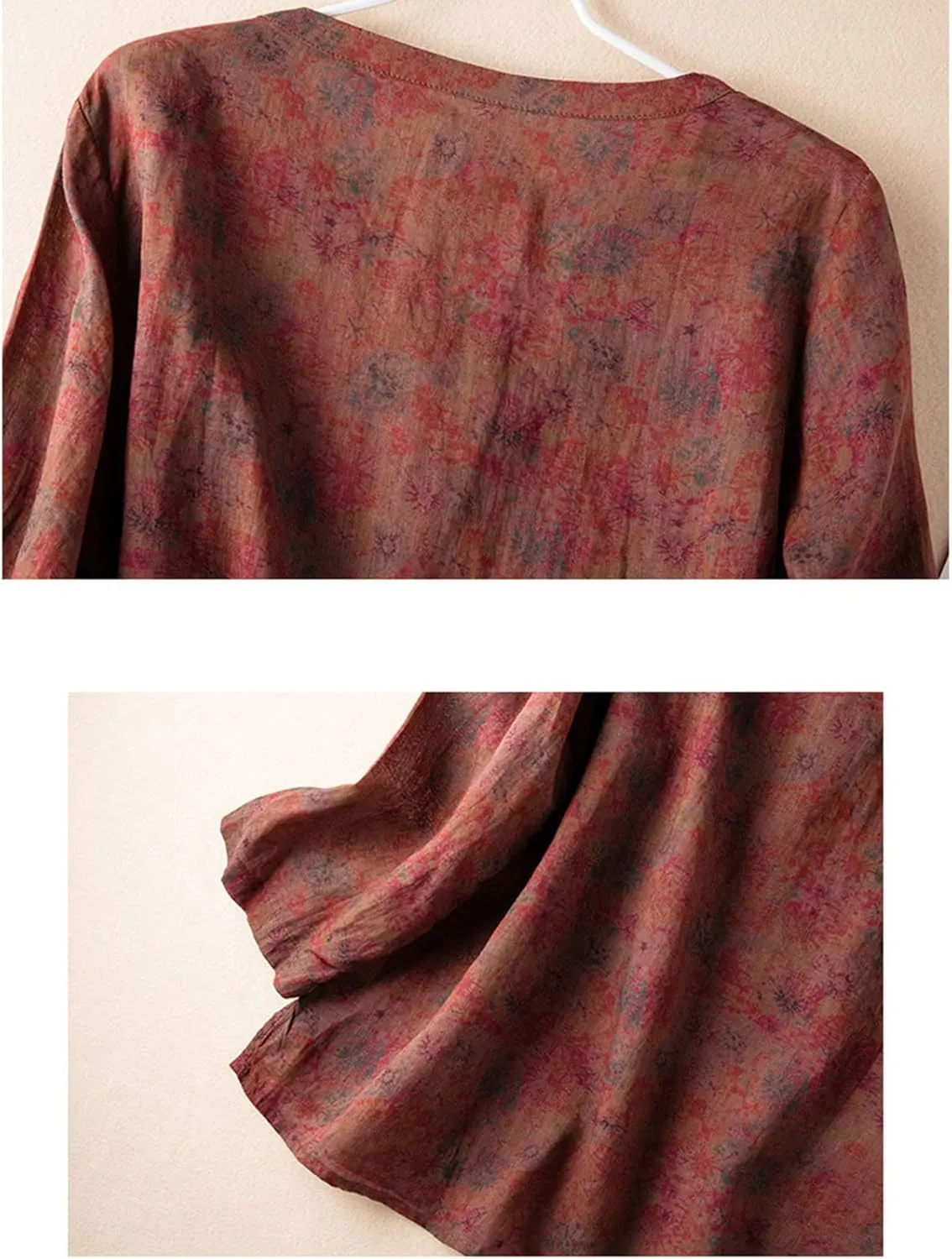 Women Cotton Linen Chinese Vintage Wrap V-Neck Tops Summer Long Sleeve Split Side Hem Casual Loose Flower Tee Shirts