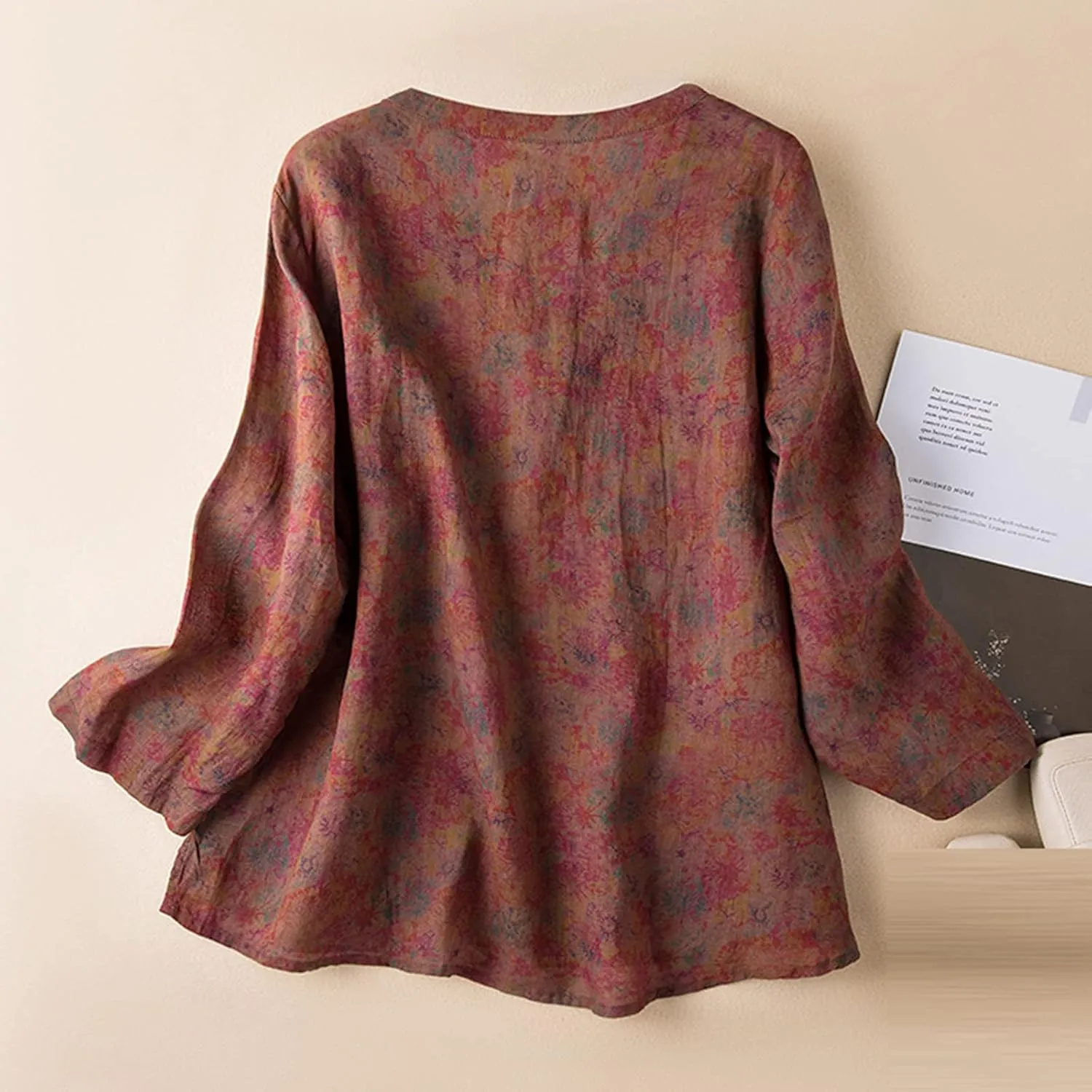 Women Cotton Linen Chinese Vintage Wrap V-Neck Tops Summer Long Sleeve Split Side Hem Casual Loose Flower Tee Shirts