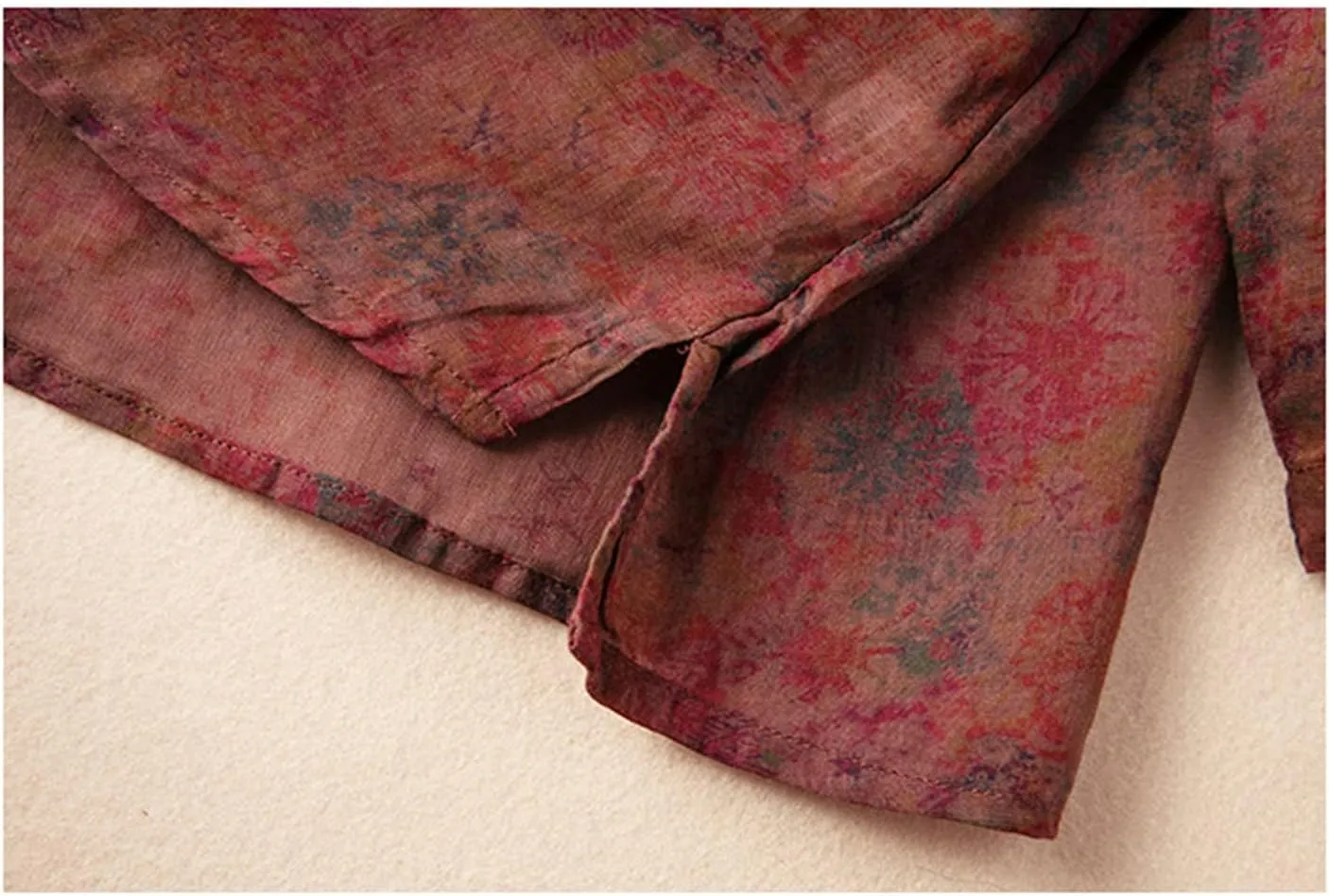 Women Cotton Linen Chinese Vintage Wrap V-Neck Tops Summer Long Sleeve Split Side Hem Casual Loose Flower Tee Shirts