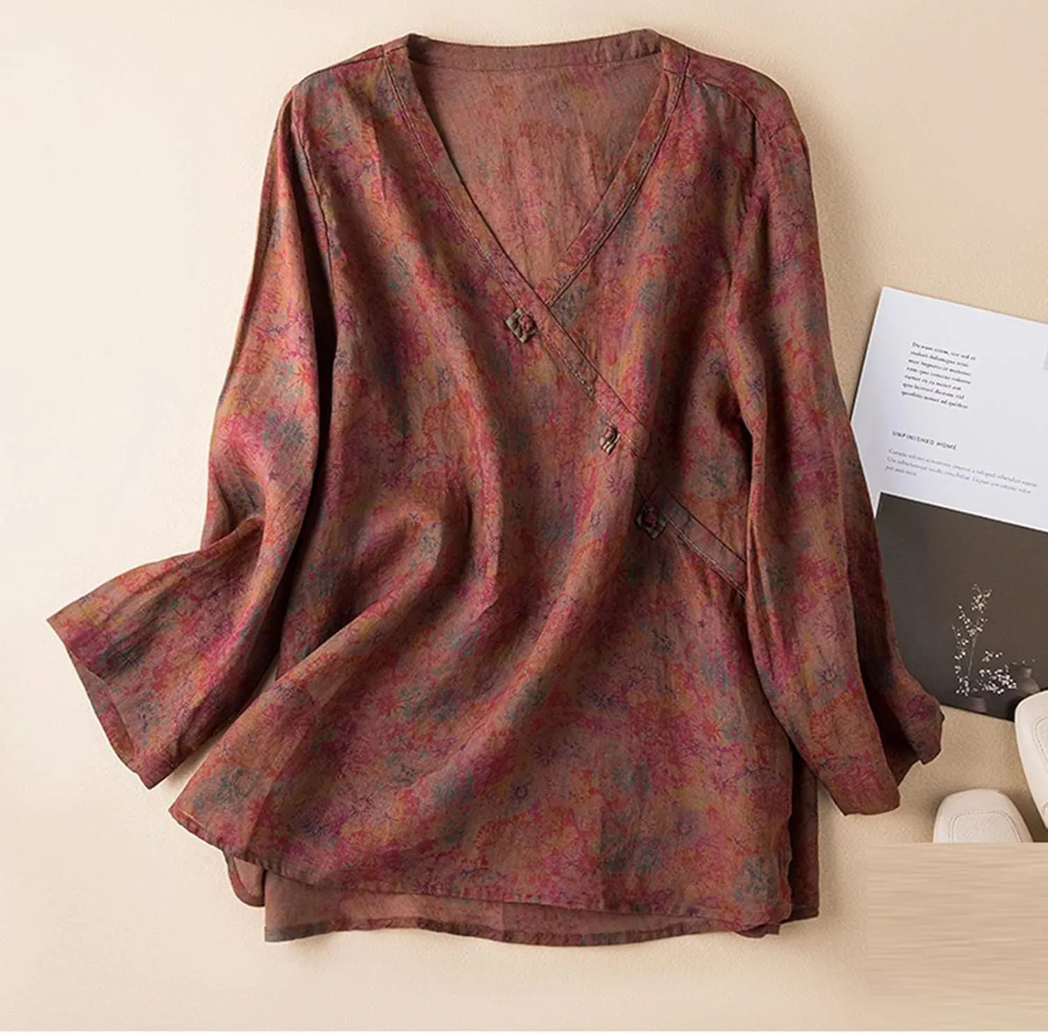 Women Cotton Linen Chinese Vintage Wrap V-Neck Tops Summer Long Sleeve Split Side Hem Casual Loose Flower Tee Shirts