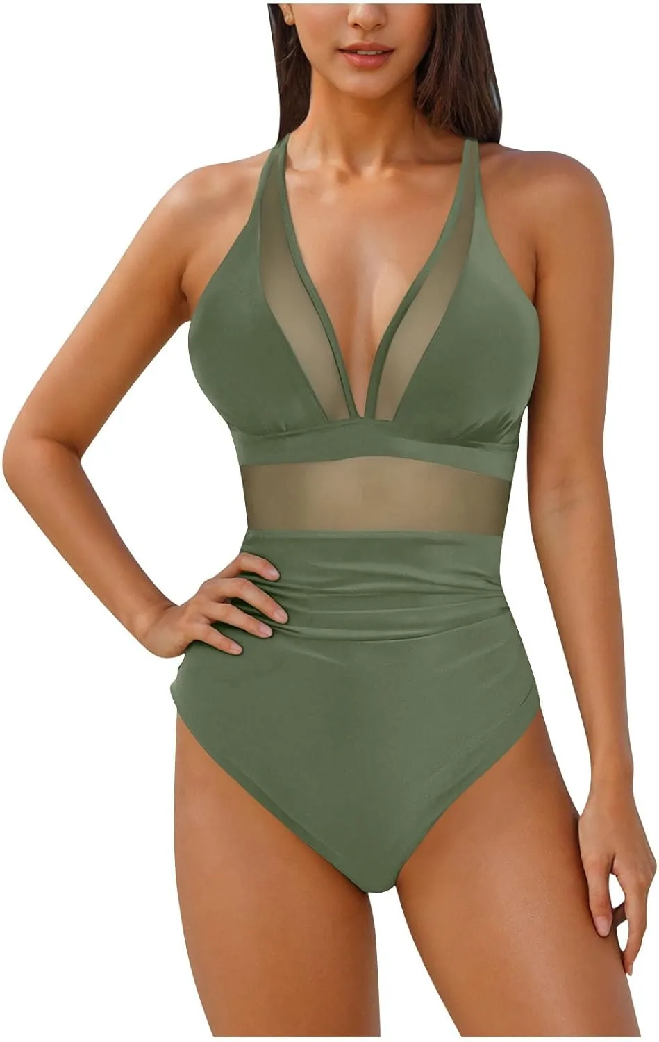 Women Deep V Neck Swimsuit One Piece Tummy Control Cutout High Waisted Bathing Suit Sexy Mesh Backless Swimsuits