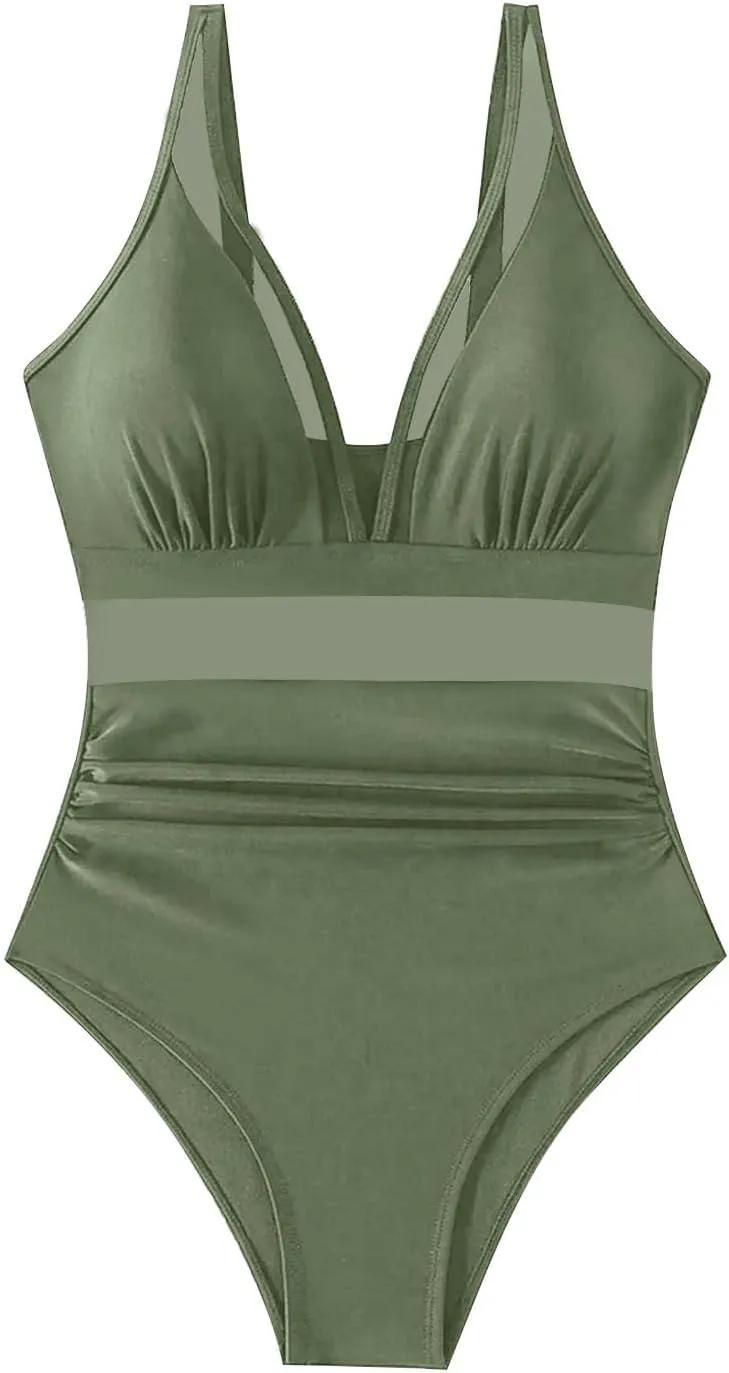 Women Deep V Neck Swimsuit One Piece Tummy Control Cutout High Waisted Bathing Suit Sexy Mesh Backless Swimsuits