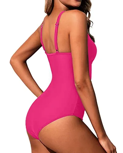 Women High Neck One Piece Swimsuit Tummy Control Halter Slimming Swimwear-Neon Pink