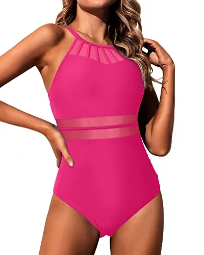 Women High Neck One Piece Swimsuit Tummy Control Halter Slimming Swimwear-Neon Pink