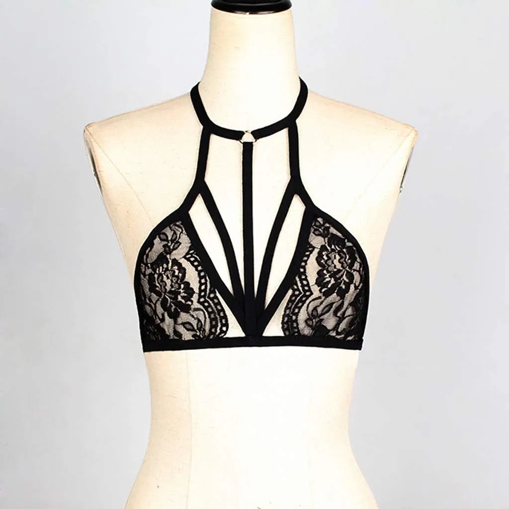 Women Lace Harness Belt Bra Lingerie Hollow Out Halter Neck Cage Bralette Festival Rave Push Up Tops Loungewear Costumes
