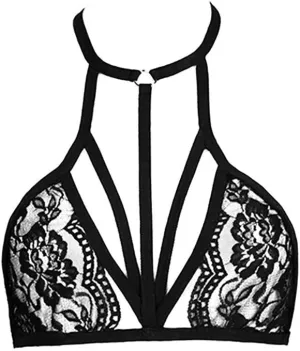 Women Lace Harness Belt Bra Lingerie Hollow Out Halter Neck Cage Bralette Festival Rave Push Up Tops Loungewear Costumes