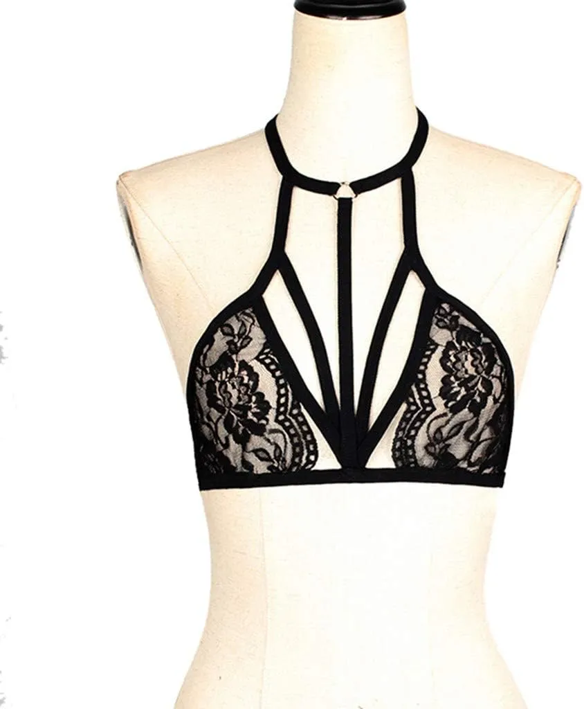Women Lace Harness Belt Bra Lingerie Hollow Out Halter Neck Cage Bralette Festival Rave Push Up Tops Loungewear Costumes